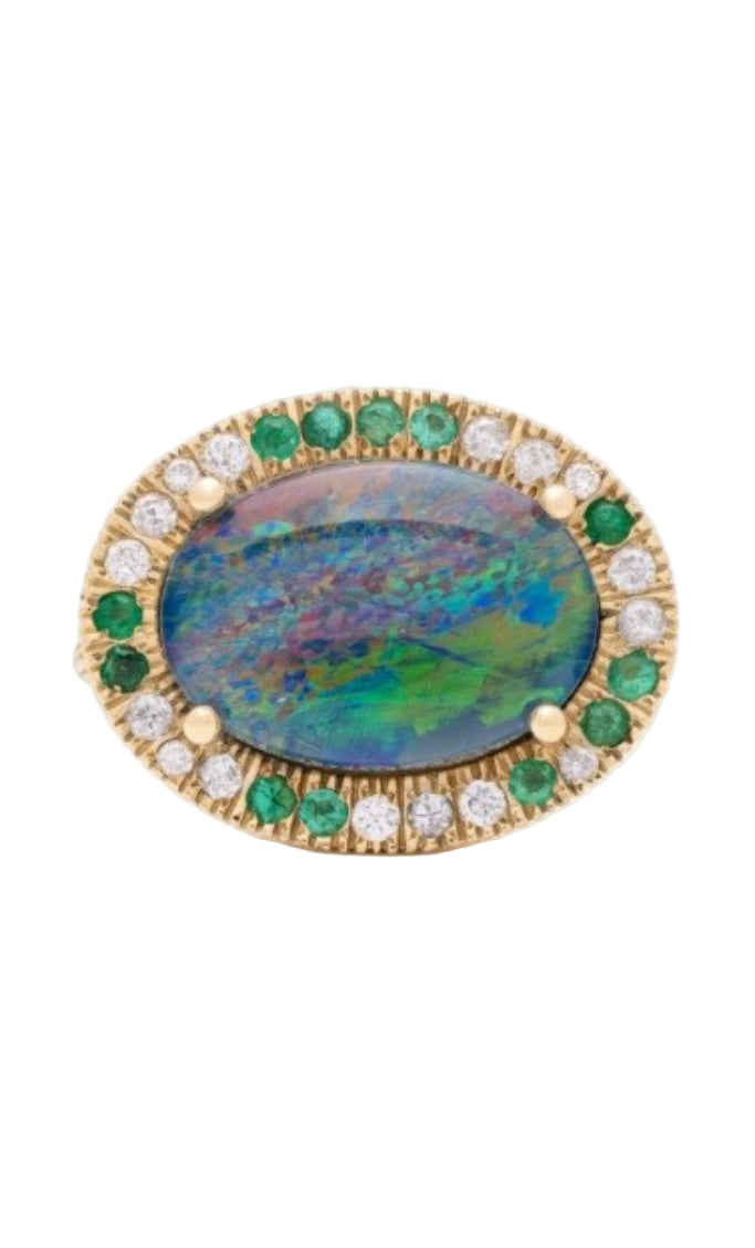 Australian Opal, Diamond + Emerald Ring