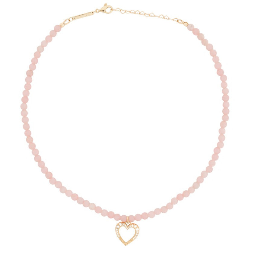 Diamond Heart on Pink Opal Beaded Necklace