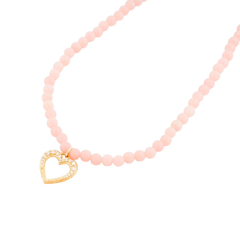 Diamond Heart on Pink Opal Beaded Necklace