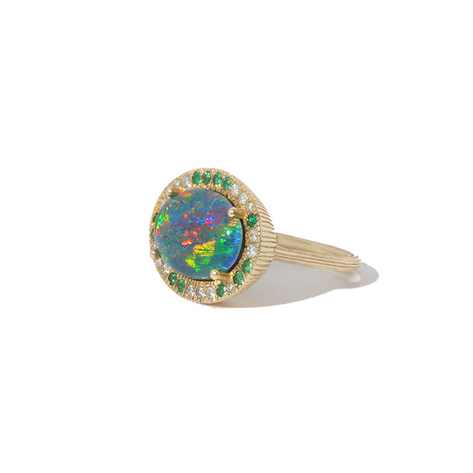 Australian Opal, Diamond + Emerald Ring