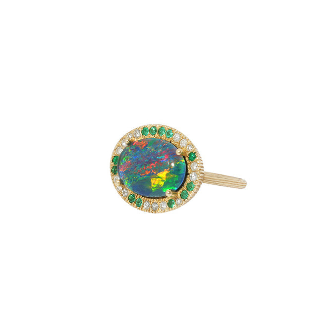 Australian Opal, Diamond + Emerald Ring