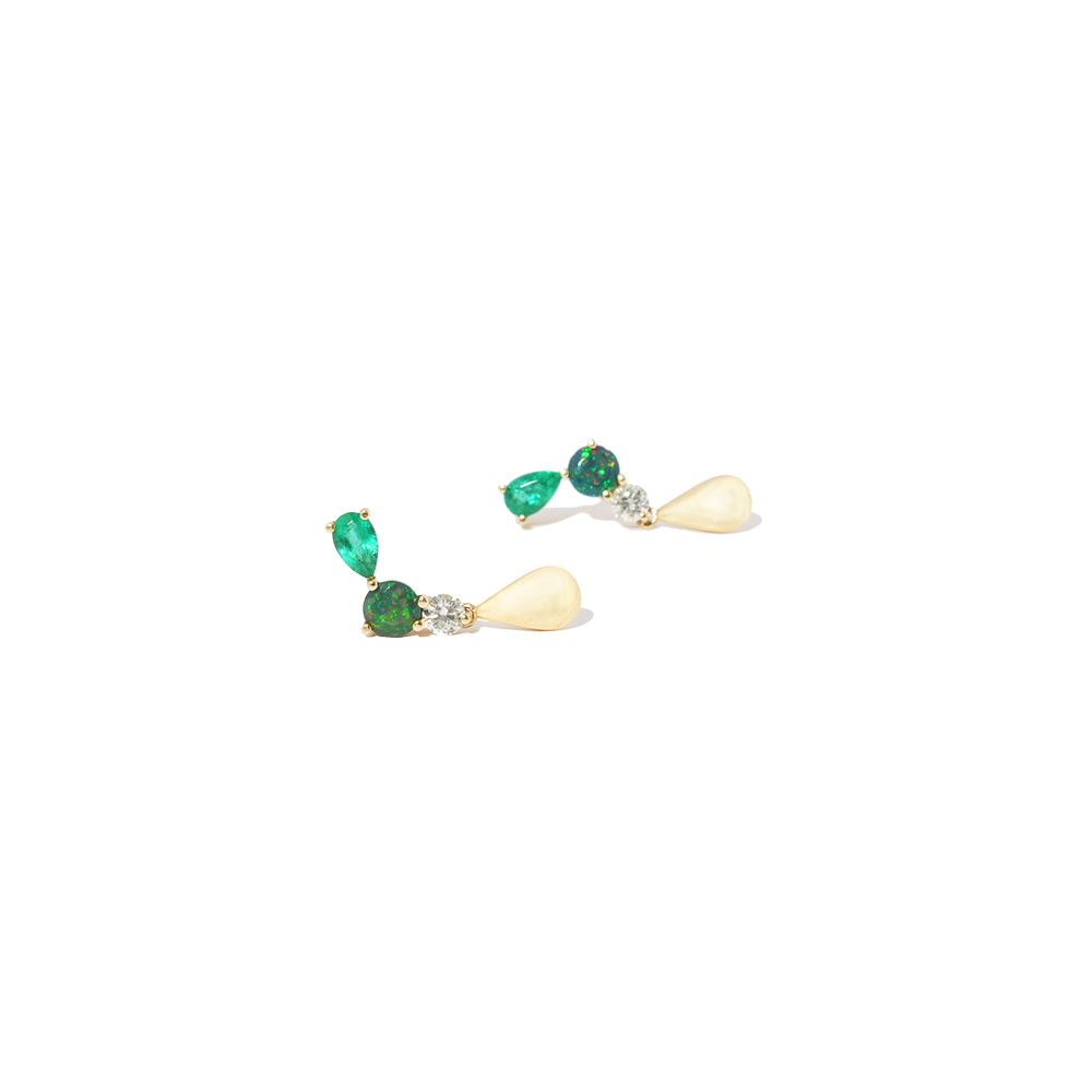 Diamond, Emerald & Black Opal Cluster Pear Drop Earrings