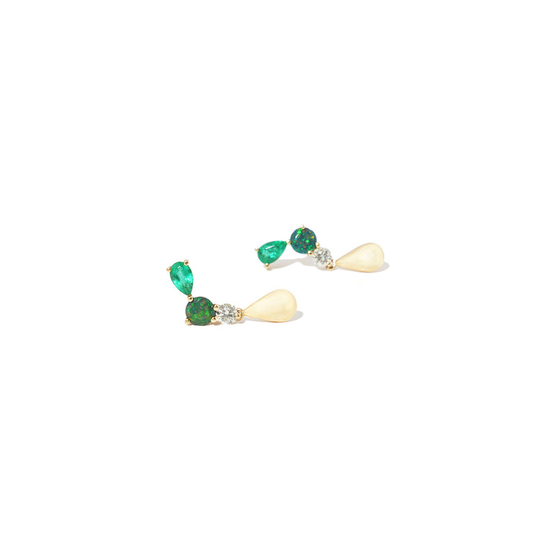 Diamond, Emerald & Black Opal Cluster Pear Drop Earrings