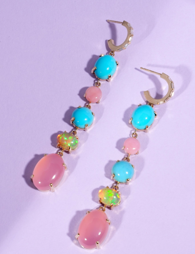 Opal, Turquoise, Chalcedony + Diamond Drop Earrings