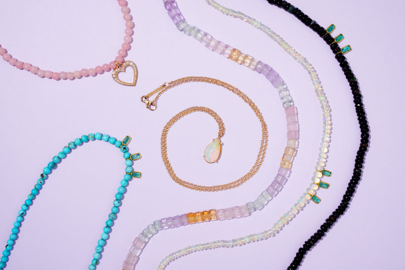 Diamond Heart on Pink Opal Beaded Necklace