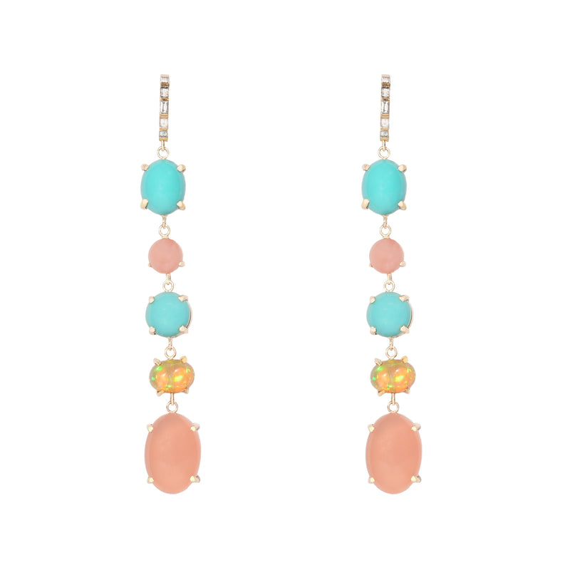 Opal, Turquoise, Chalcedony + Diamond Drop Earrings
