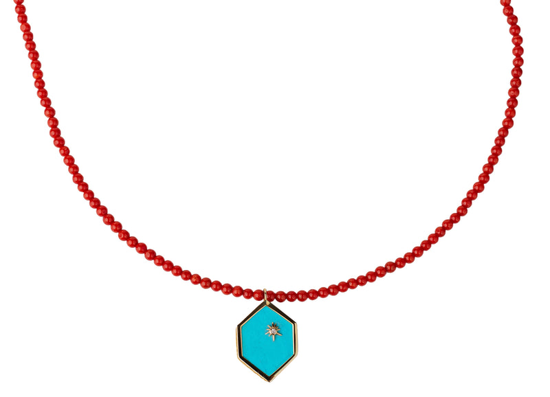 Double Sided Turquoise + Diamond Hex on Coral Beaded Necklace