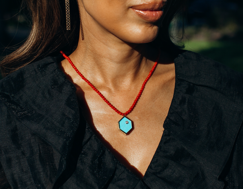 Double Sided Turquoise + Diamond Hex on Coral Beaded Necklace