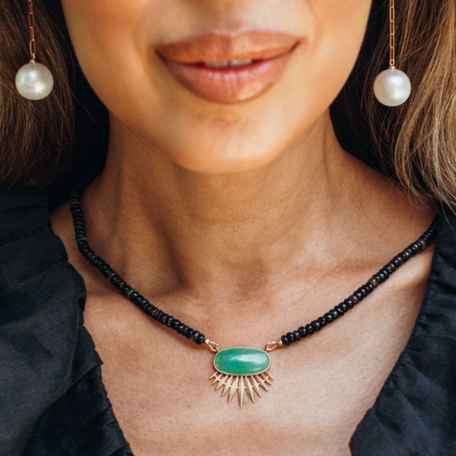 One-Of-A-Kind Rising Sun Chrysoprase + Black Opal beaded necklace