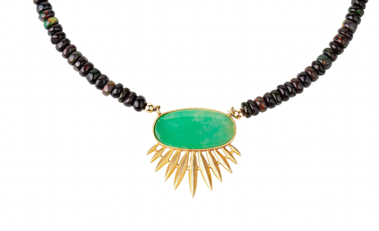 One-Of-A-Kind Rising Sun Chrysoprase + Black Opal beaded necklace