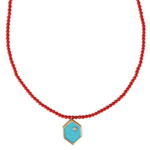 Double Sided Turquoise + Diamond Hex on Coral Beaded Necklace