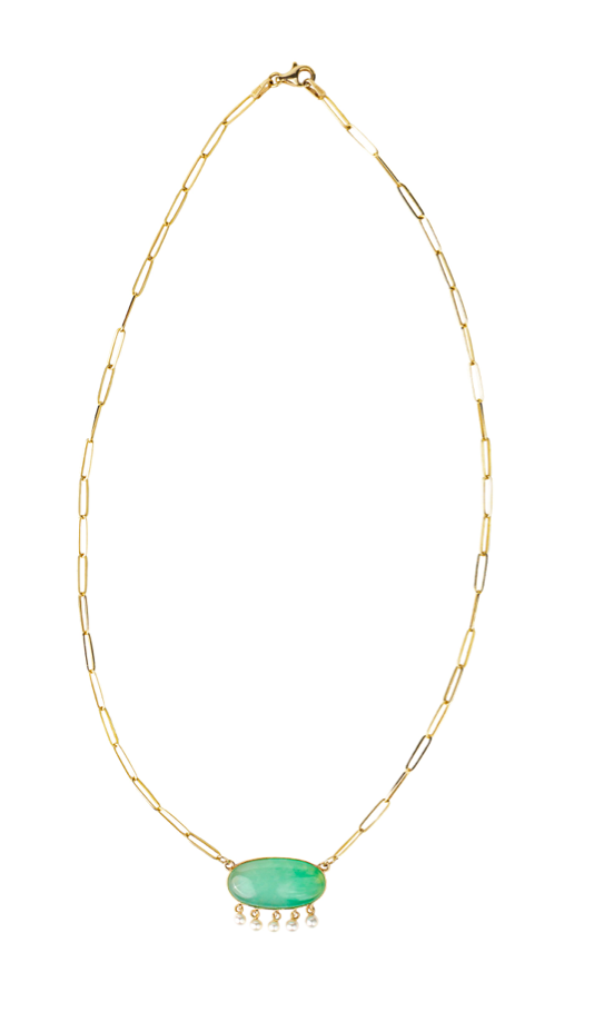 Chrysoprase + Pearls on Paperclip Chain Necklace
