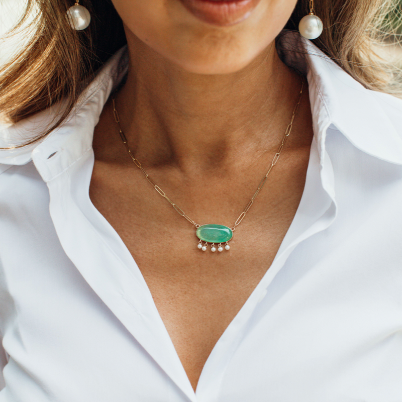 Chrysoprase + Pearls on Paperclip Chain Necklace
