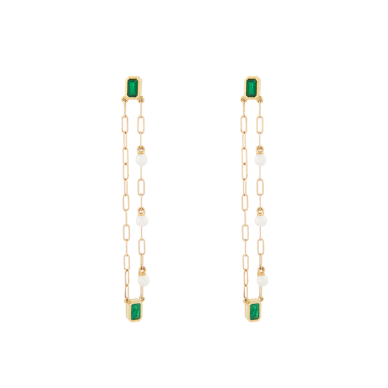 Emerald + Pearl Chain Earrings